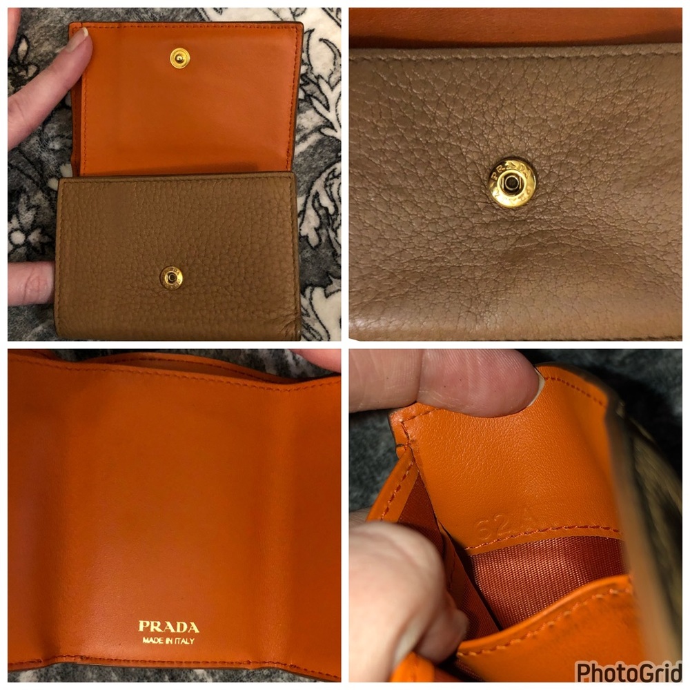 Prada AUTHENTIC Tan Leather Orange Interior Trifold Gold Logo Compact Wallet - Picture 12 of 16